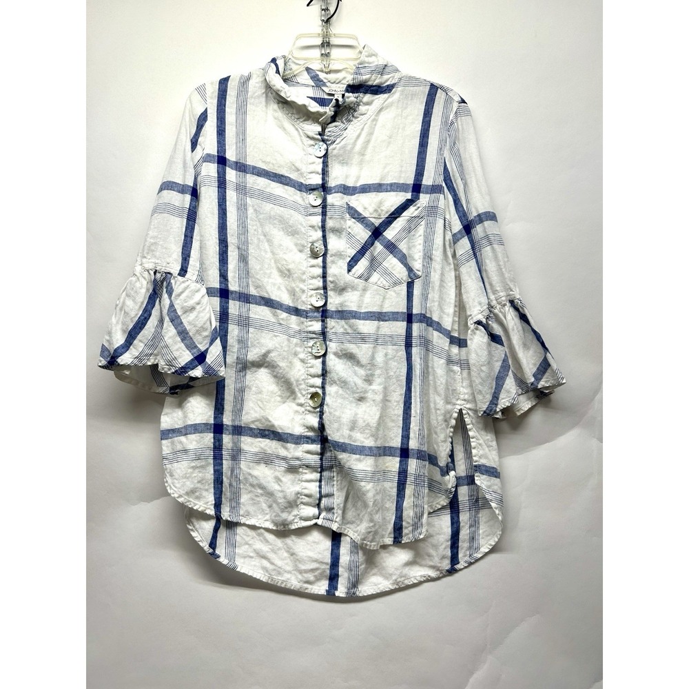 John Mark Women's Small Linen Blue White Checked Button Up Shirt Top (C6)